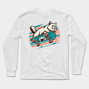 Cat Skateboard | Fluffy Cat in Air Long Sleeve T-Shirt